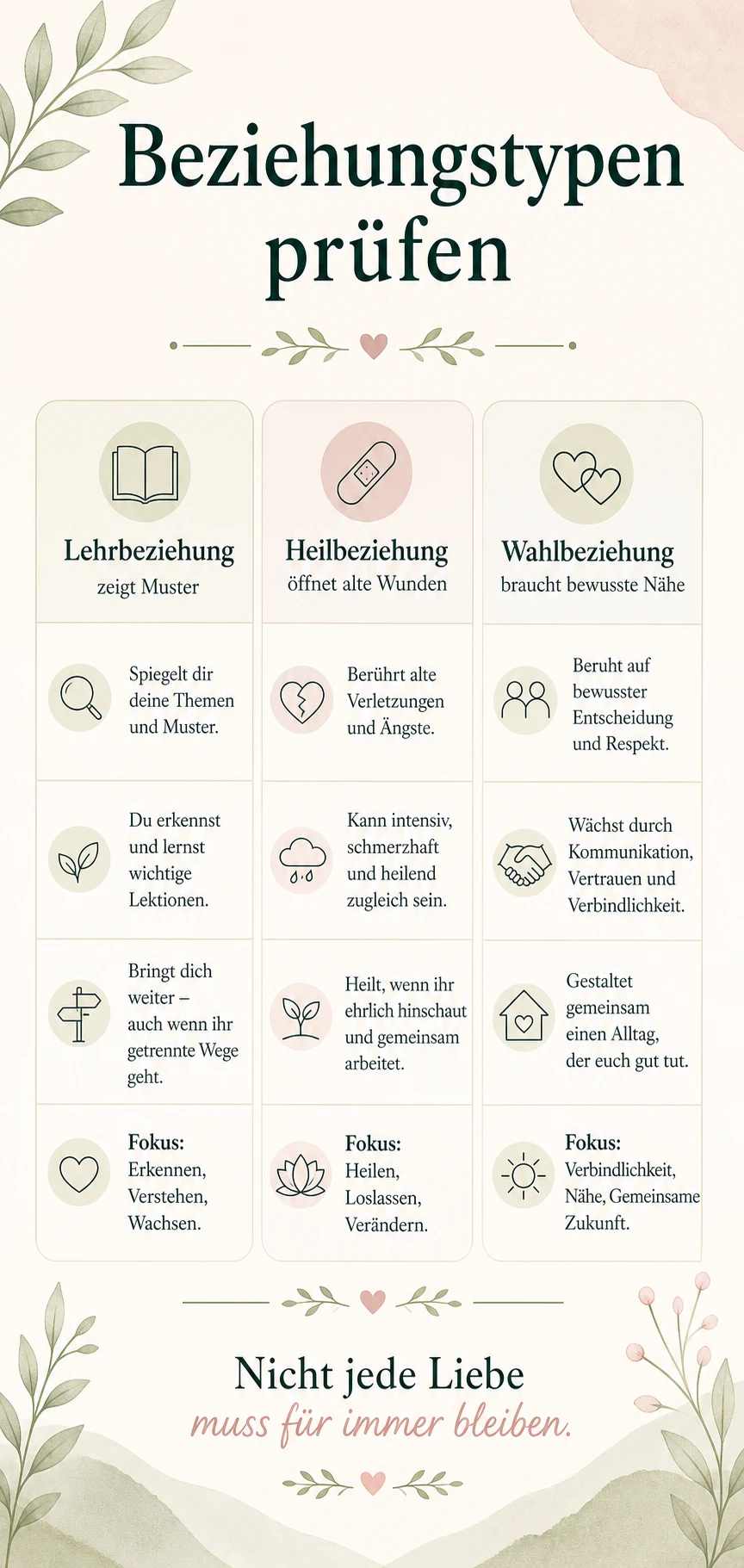 Die 3 Beziehungen im Leben: was sie dir wirklich zeigen können Beziehungstypen prüfen als helle Infografik