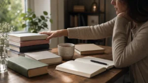 Person wählt achtsam ein Selbstliebe-Buch aus einer kuratierten Auswahl am Schreibtisch