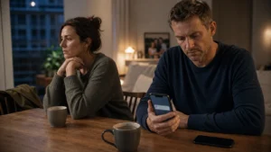 Paar mit emotionaler Distanz am Tisch, Smartphone als Trigger für Eifersucht auf den Ex-Partner