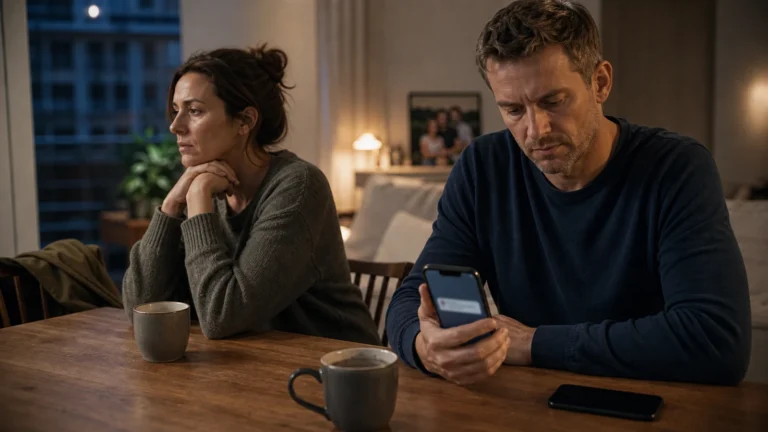 Paar mit emotionaler Distanz am Tisch, Smartphone als Trigger für Eifersucht auf den Ex-Partner