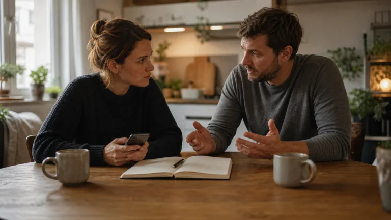 ENM Beziehung: Ethische Nicht-Monogamie verstehen und gesund leben Paar bespricht an einem Küchentisch eine ENM Beziehung mit Smartphone und Notizbuch