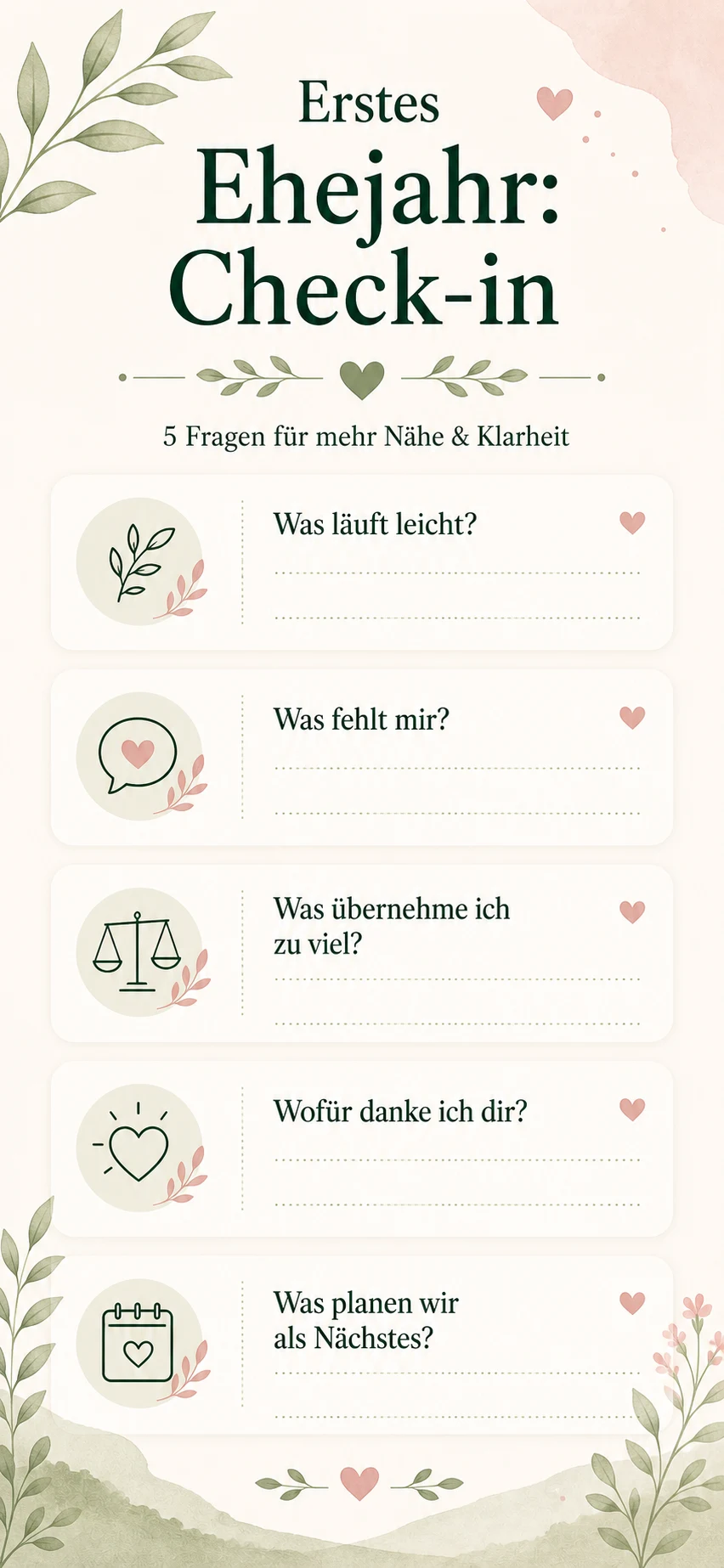 Erstes Ehejahr Check-in als helle Infografik