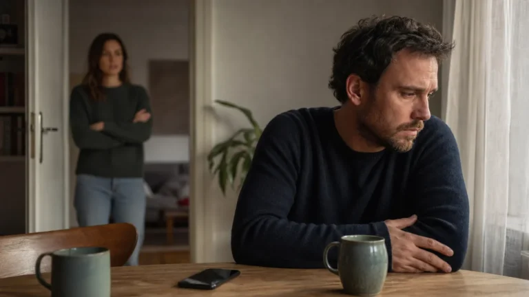 Mann zieht sich in einer Beziehung zurück, während seine Partnerin besorgt im Hintergrund steht