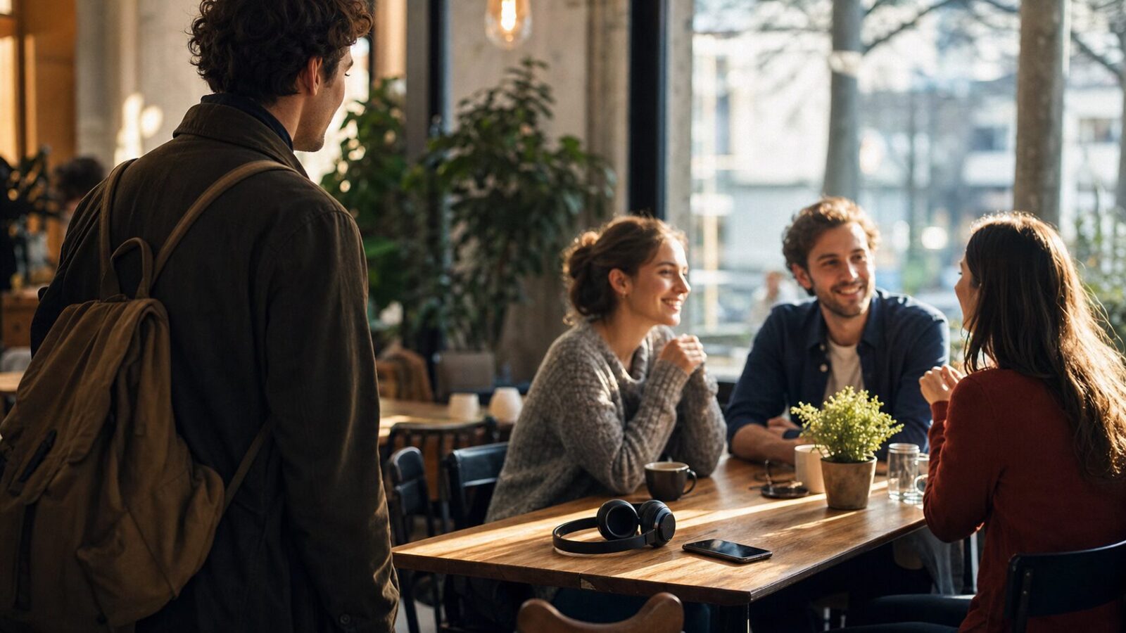 Eine ruhige Cafe-Szene vor einem freundlichen Gespräch mit Kopfhörern auf dem Tisch