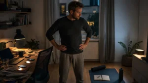Mann im Homeoffice zwischen Ablenkung und vorbereitetem Fokusbereich