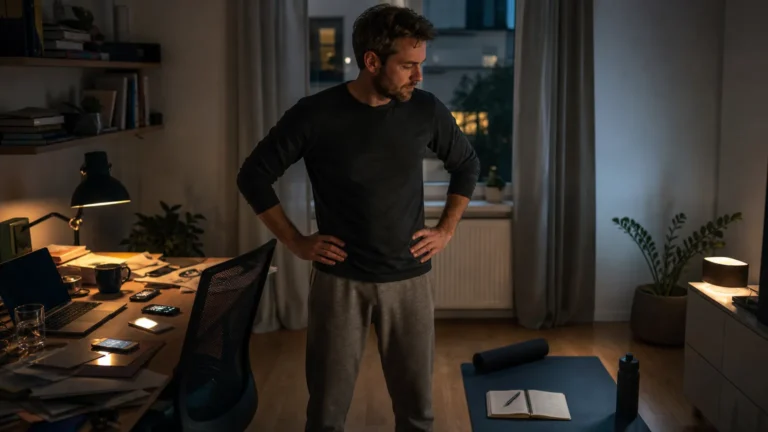 Selbstdisziplin lernen | 7 klare Schritte, die auch an schlechten Tagen funktionieren Mann im Homeoffice zwischen Ablenkung und vorbereitetem Fokusbereich