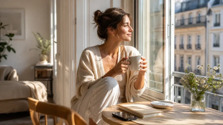 Den Tag genießen: kleine Momente spüren, ohne Druck Frau am Fenster mit Tee und ruhigem Morgenlicht als Symbol für den Tag genießen