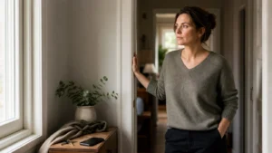 Bei sich bleiben: 5 Schritte, wenn andere dich aus deiner Mitte ziehen Frau steht ruhig im Flur am Fenster nach einem angespannten Gespräch und bleibt bei sich