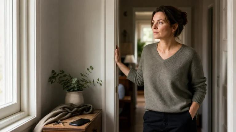 Frau steht ruhig im Flur am Fenster nach einem angespannten Gespräch und bleibt bei sich