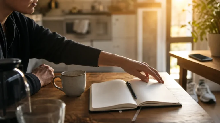 Habit Stacking lernen: neue Gewohnheiten an bestehende Routinen koppeln Morgendlicher Routine-Anker mit Kaffee, Notizbuch und Smartphone außer Reichweite