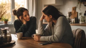 Menschen, die einem guttun: 10 Zeichen und ein klarer Selbsttest Zwei Frauen sprechen aufmerksam in einer warmen Küche miteinander