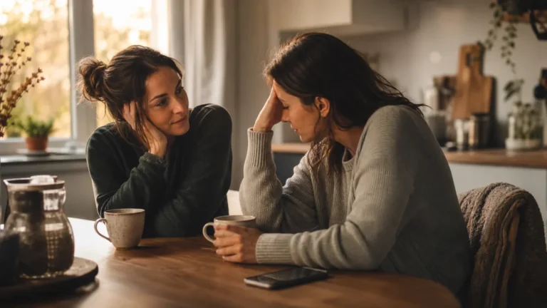 Zwei Frauen sprechen aufmerksam in einer warmen Küche miteinander