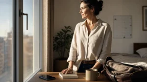 Lebe dein Leben, als wäre es dein letzter Tag: bewusst leben ohne Druck Frau am Morgen am Fenster mit Notizbuch, Handy und Tasche als Symbol für bewusst leben