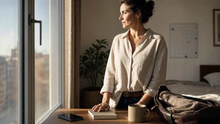 Lebe dein Leben, als wäre es dein letzter Tag: bewusst leben ohne Druck Frau am Morgen am Fenster mit Notizbuch, Handy und Tasche als Symbol für bewusst leben