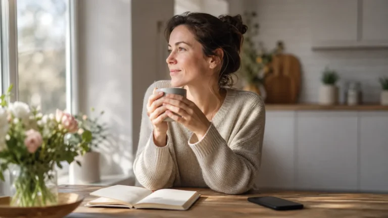Frau mit Tasse und Notizbuch in heller Küche als ruhiger Glücksmoment