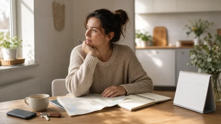 Orientierungslos im Leben: 7 Schritte, die wieder Richtung geben Frau mit Karte, Notizbuch und Kalender in heller Küche auf der Suche nach Richtung