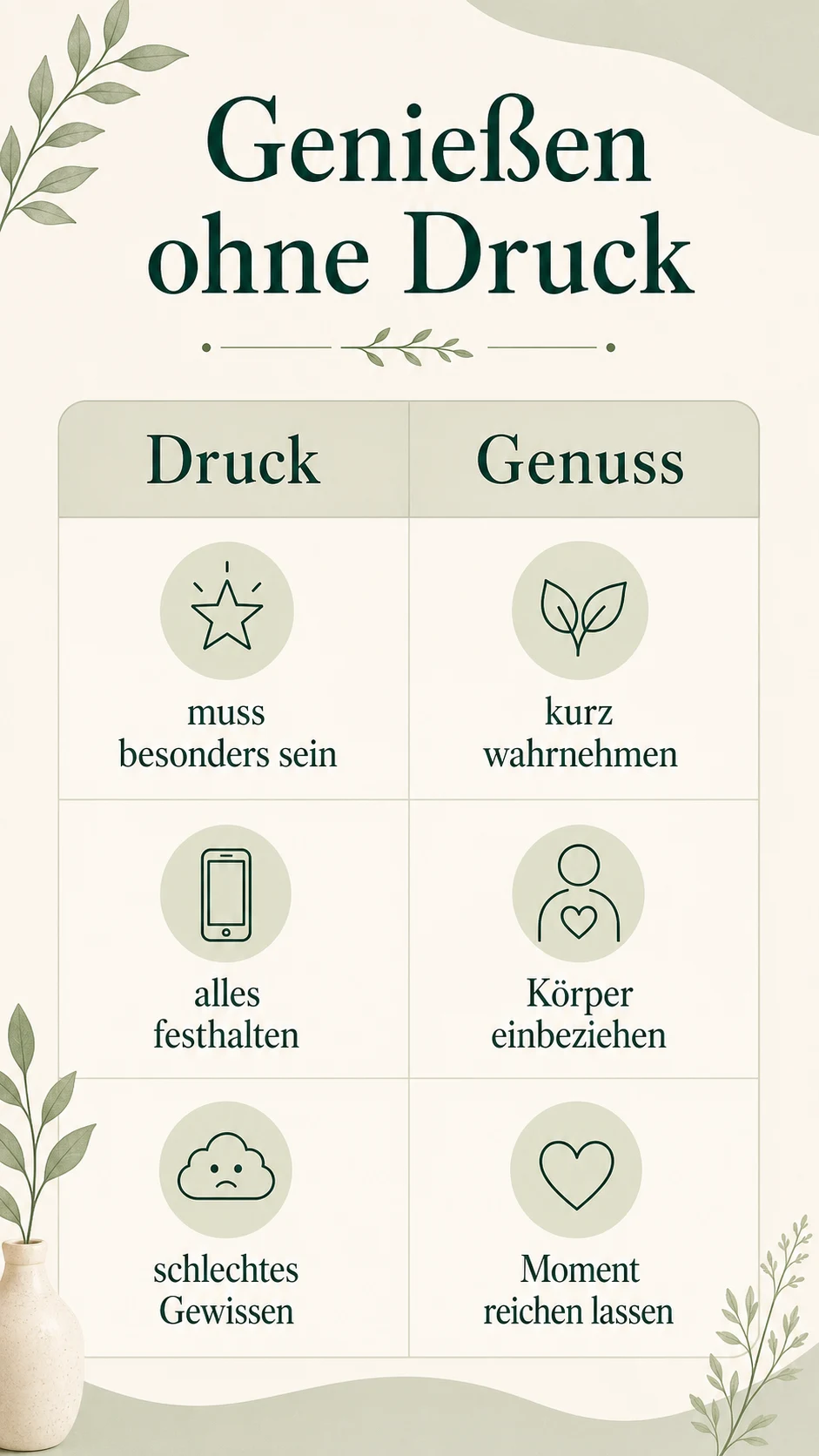 Den Tag genießen: kleine Momente spüren, ohne Druck Genießen ohne Druck als helle Infografik