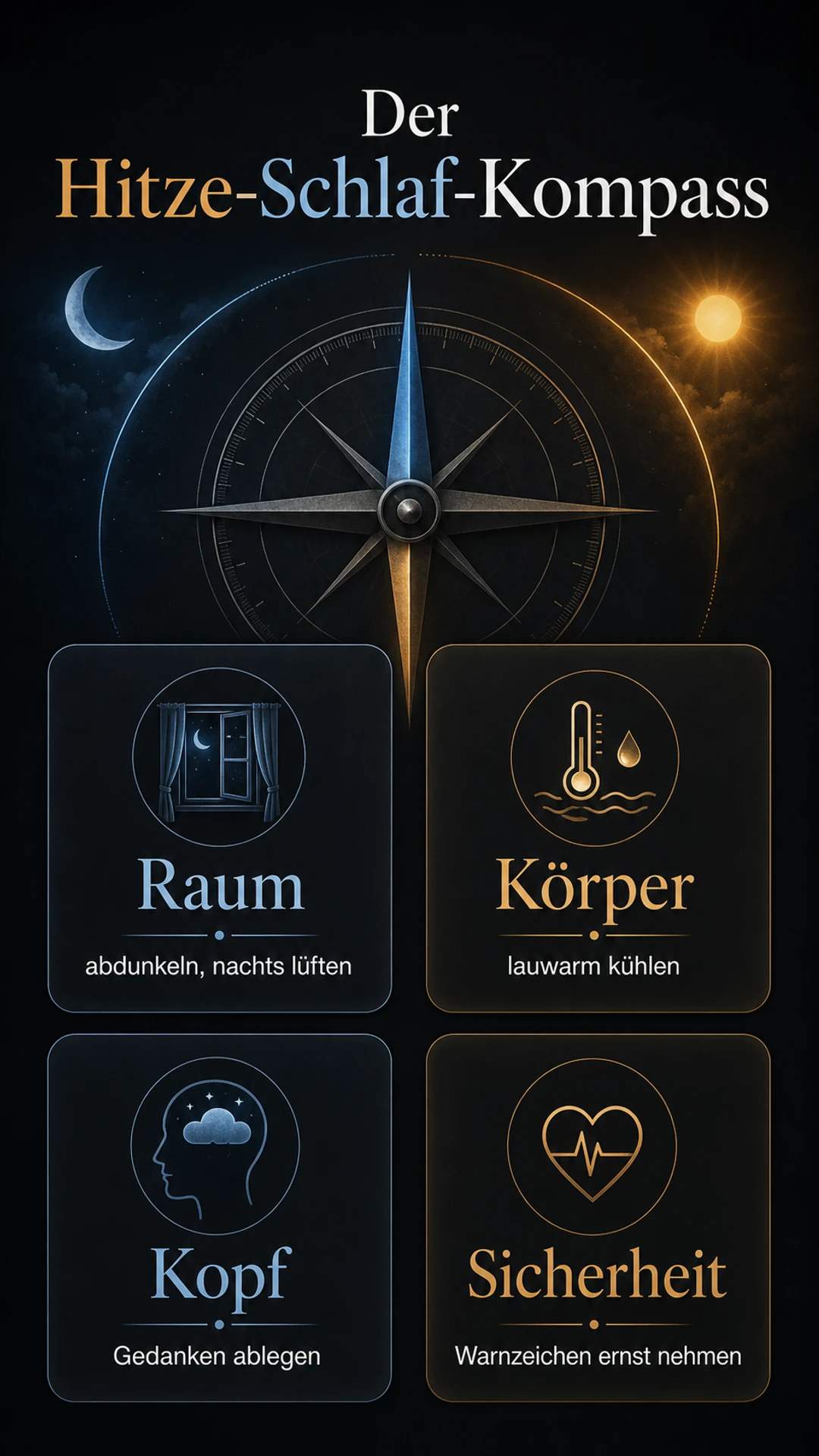 Der Hitze-Schlaf-Kompass mit den vier Zonen Raum, Körper, Kopf und Sicherheit