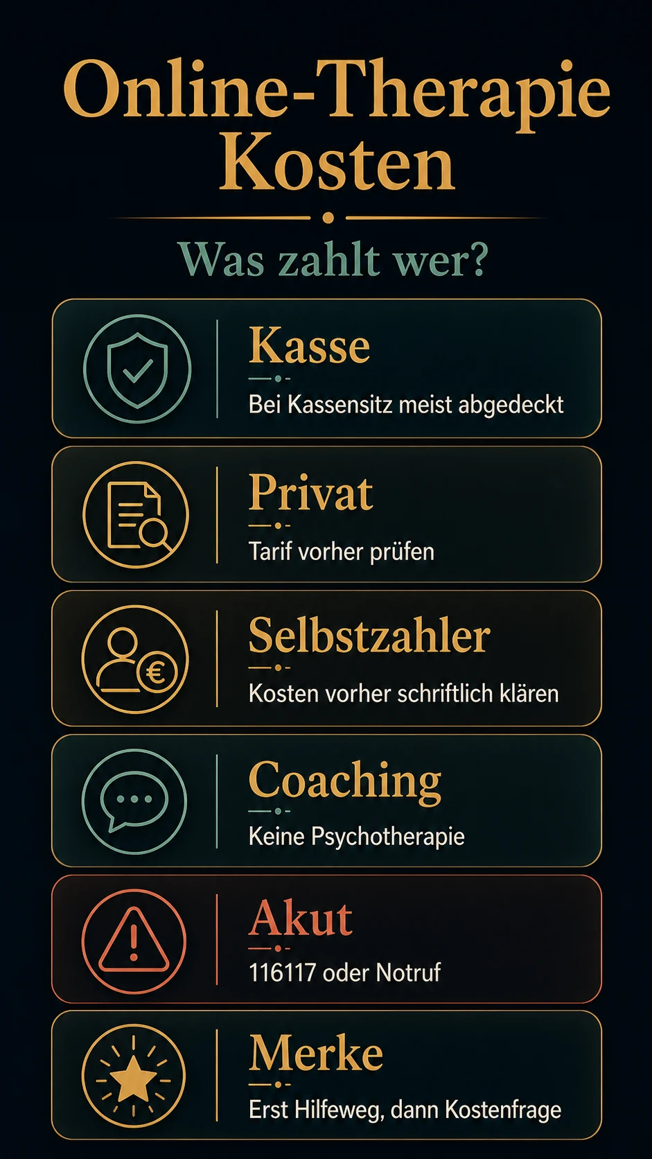 Infografik: Online-Therapie Kosten in Deutschland mit Kasse, privat, Selbstzahler, Coaching und Akuthilfe