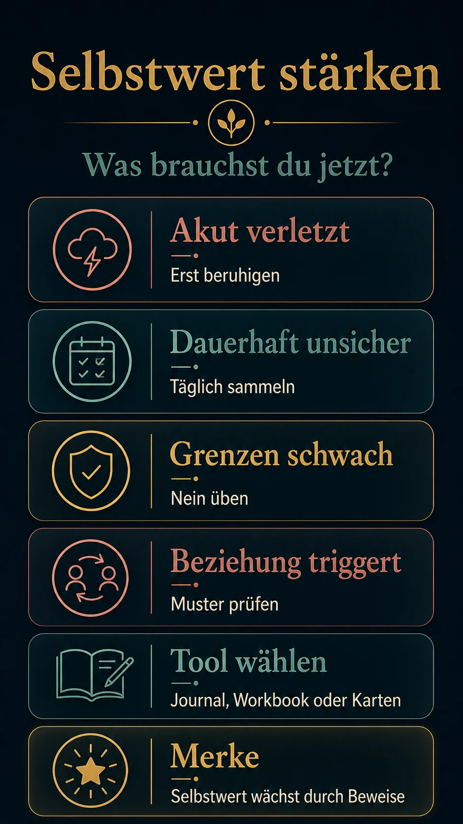 Infografik: Selbstwert stärken mit Übungen, Journal, Workbook und Reflexionskarten