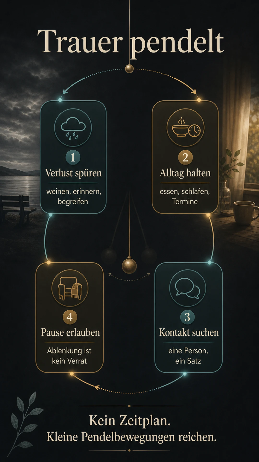 Wenn die Liebe deines Lebens stirbt: behutsame Hilfe in der Trauer Infografik: Trauer pendelt zwischen Verlust spüren, Alltag halten, Kontakt suchen und Pause erlauben