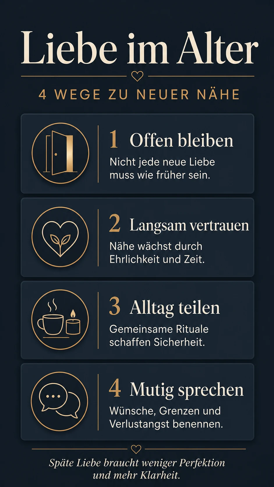 Infografik Liebe im Alter: offen bleiben, langsam vertrauen, Alltag teilen und mutig sprechen