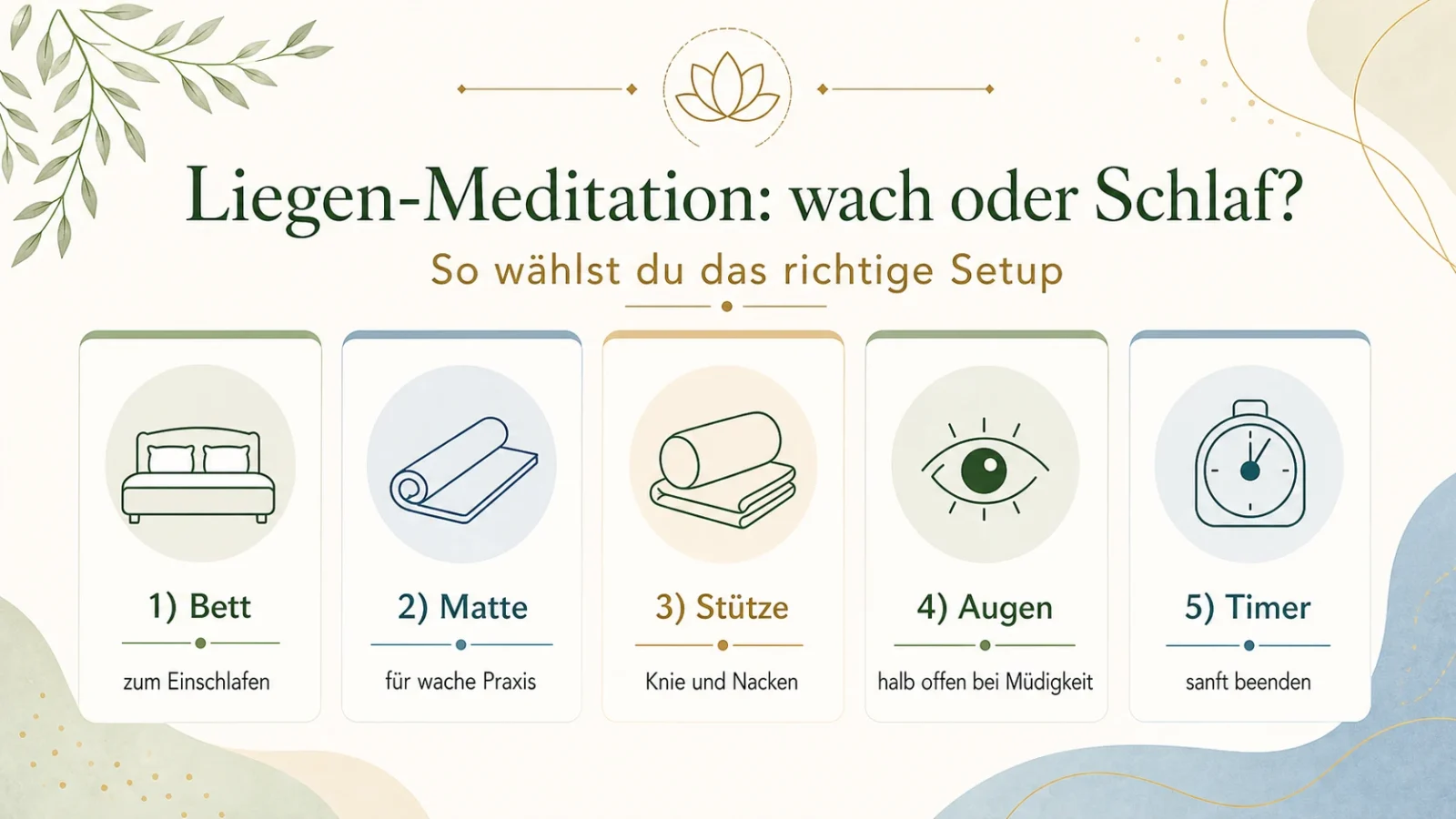Infografik: Liegen-Meditation wach oder Schlaf mit Bett, Matte, Stütze, Augen und Timer