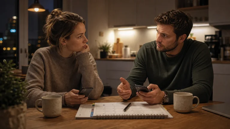 Moderne Beziehungen 2026: Wie Dating, Partnerschaft und Nähe sich verändern Paar spricht am Küchentisch über moderne Beziehung, Smartphones und Zukunftsplanung