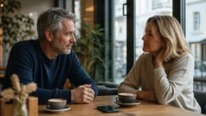 Zwei Menschen um die 50 im Café bei einem vorsichtigen und hoffnungsvollen Date