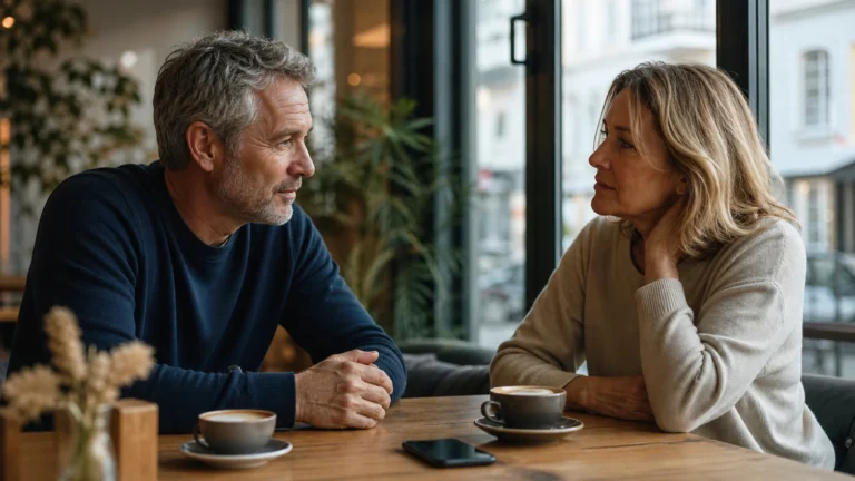 Zwei Menschen um die 50 im Café bei einem vorsichtigen und hoffnungsvollen Date