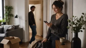 Rebound-Beziehung erkennen: Bist du Liebe oder Trostpflaster? Person mit Tasche und Smartphone in einer unsicheren neuen Beziehung nach einer Trennung