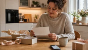 Danke sagen für Geschenke: 120 Texte für WhatsApp, Karte & jeden Anlass Geöffnetes Geschenk mit Dankeskarte auf einem warmen Küchentisch
