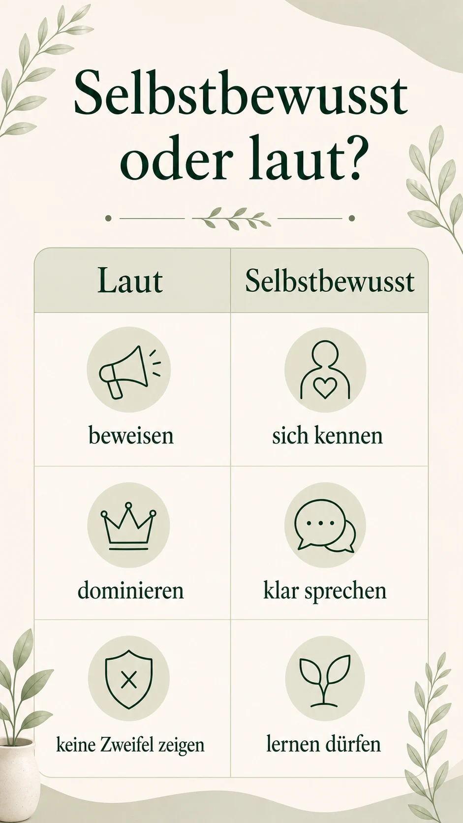 Selbstbewusster werden: leise Stärke statt lauter Beweis Selbstbewusst oder laut als helle Vergleichsinfografik