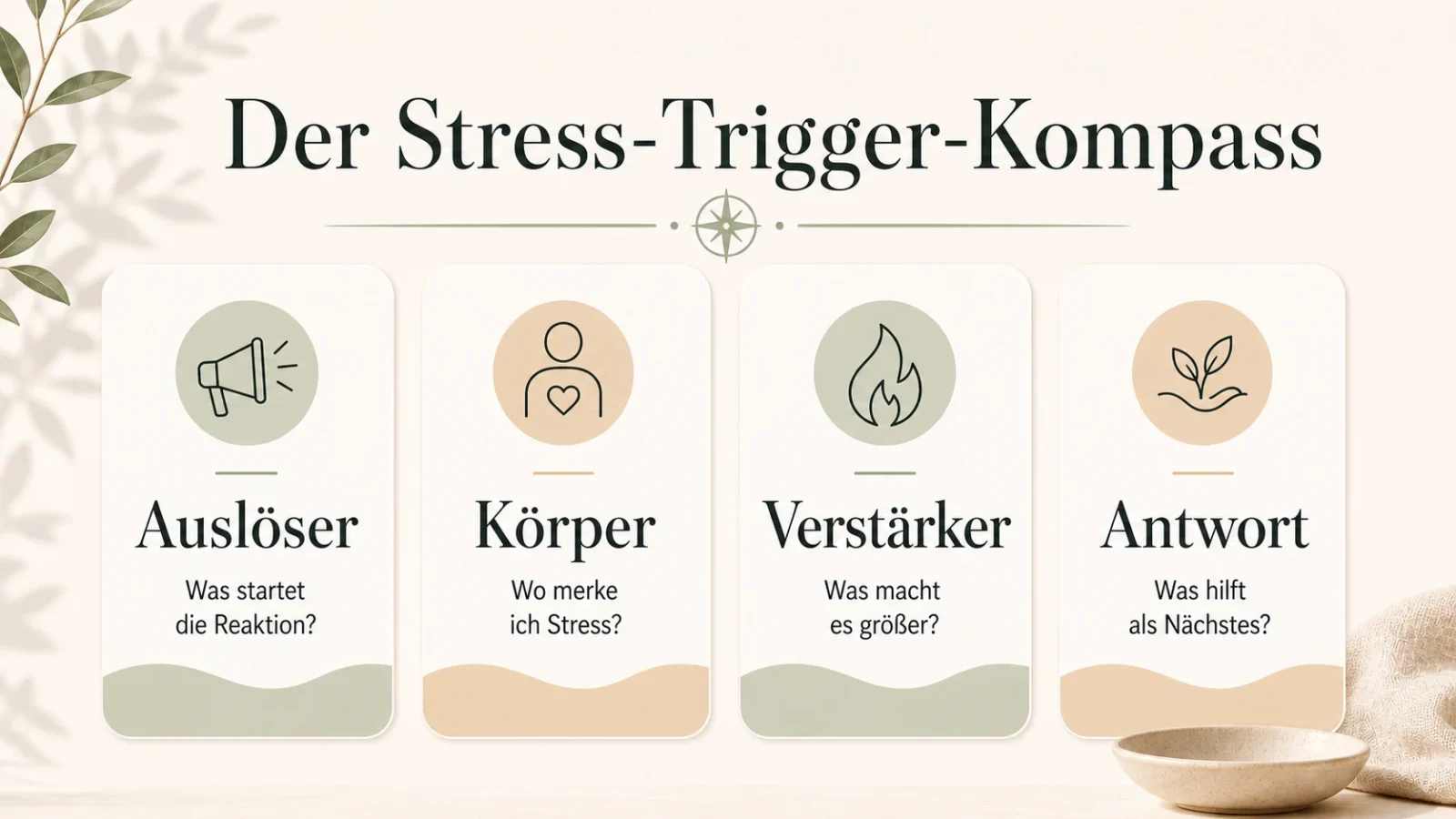 Stress Trigger erkennen: Auslöser verstehen und ruhiger reagieren Der Stress Trigger Kompass als helle Infografik