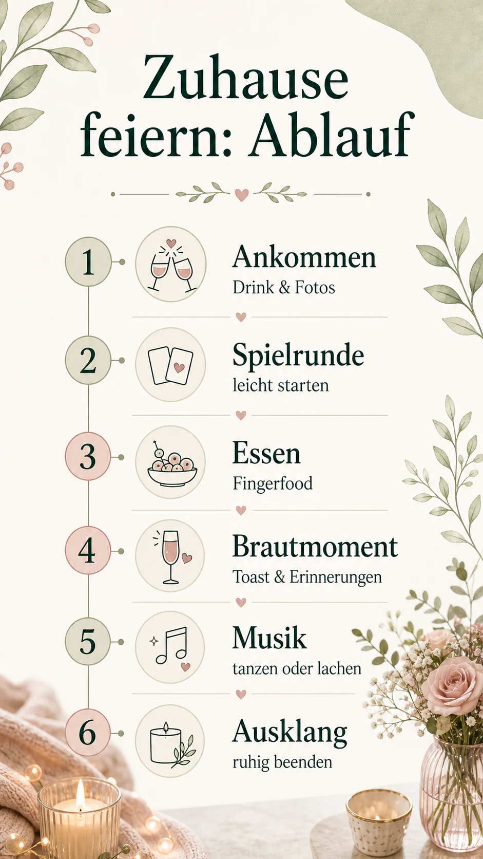 Zuhause feiern Ablauf als helle Infografik