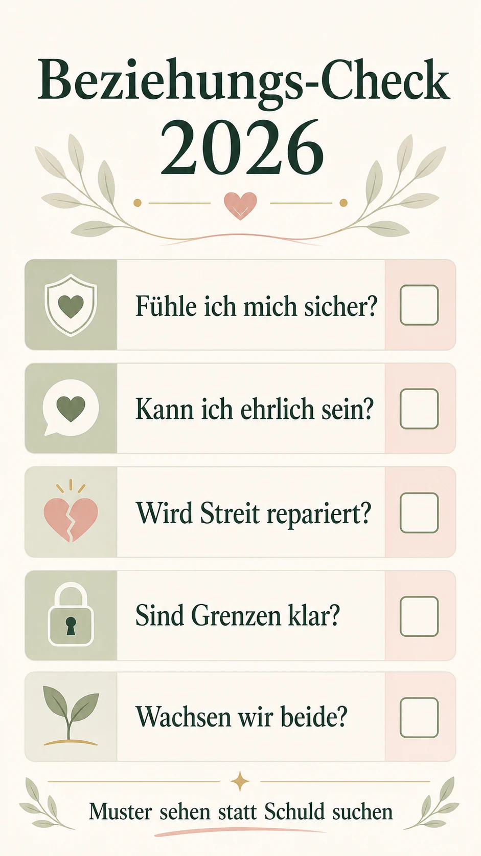 Beziehungs-Check 2026 als helle Checkliste
