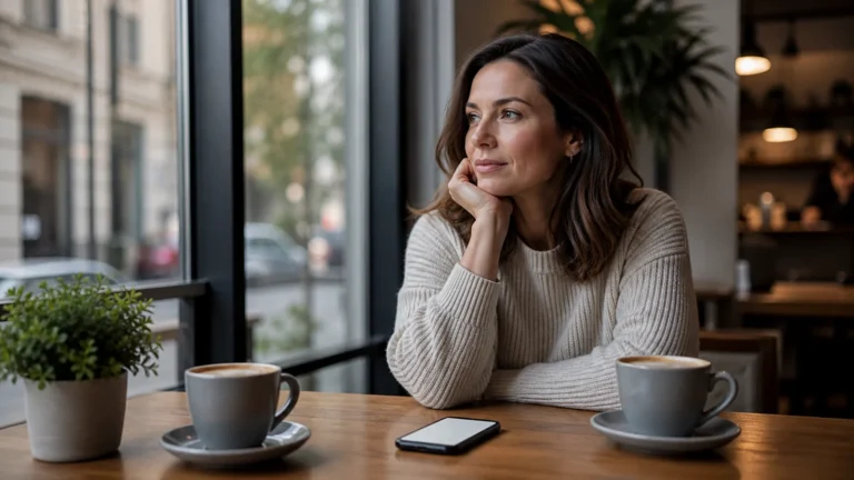 Clear Coding Sprüche: klare Dating-Texte direkt kopieren Frau sitzt nachdenklich mit leerem Smartphone in einem Café als Symbol für klare Dating-Kommunikation