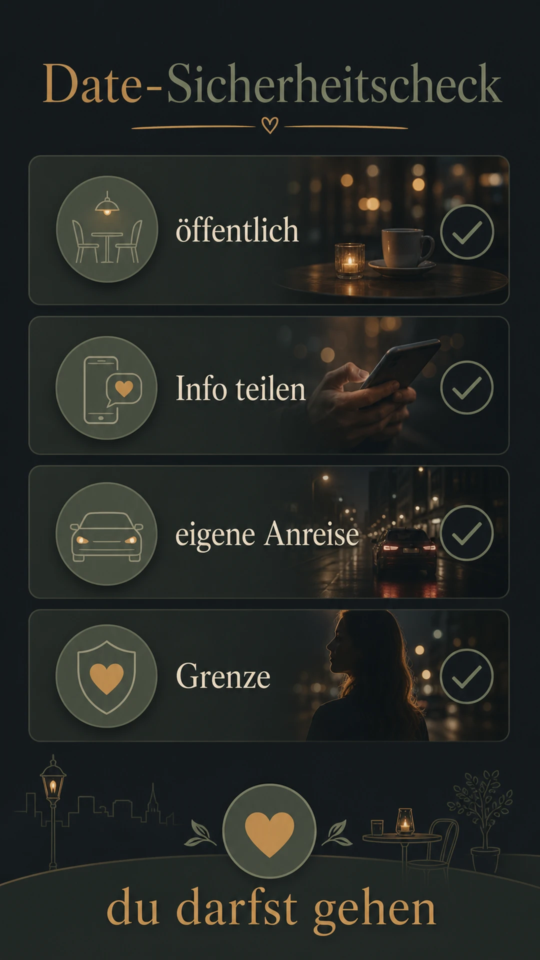 Erstes Date: so wird es entspannt, sicher und wirklich gut Sicherheitscheck für das erste Date als Infografik