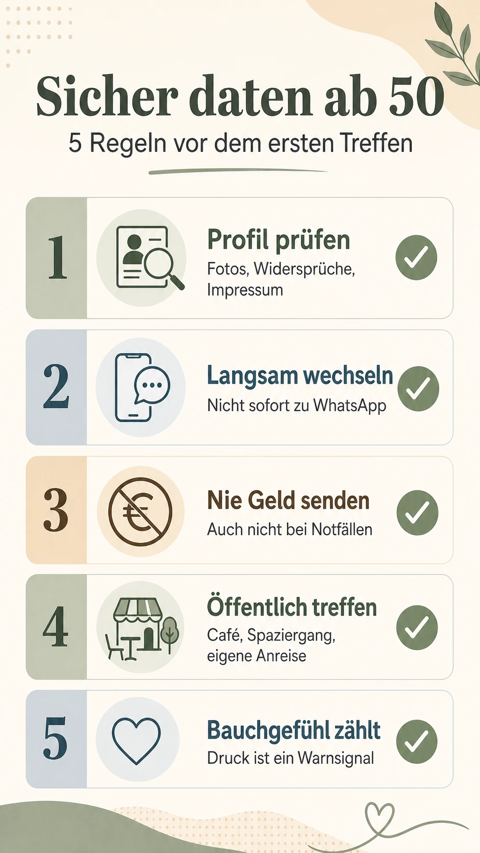 Infografik: Sicher daten ab 50 mit fünf Regeln vor dem ersten Treffen