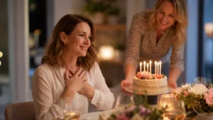 Frau feiert warm und modern mit Geburtstagskuchen im Freundeskreis als Symbol für den 40. Geburtstag