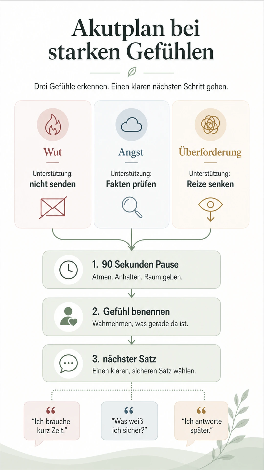 Infografik: Akutplan bei starken Gefühlen mit Wut, Angst und Überforderung