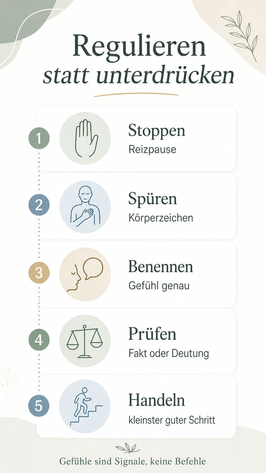 Infografik: Emotionen regulieren statt unterdrücken mit fünf Schritten