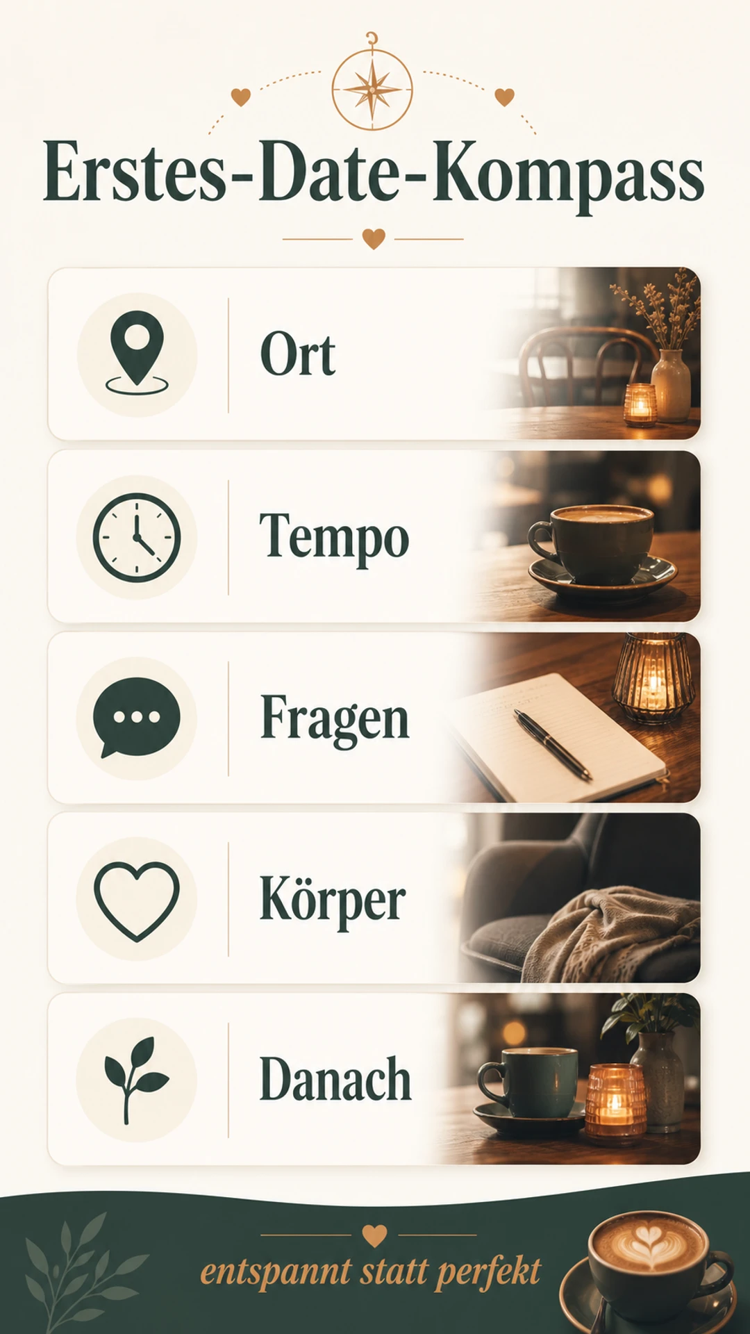 Erstes Date: so wird es entspannt, sicher und wirklich gut Der erstes-Date-Kompass als Infografik