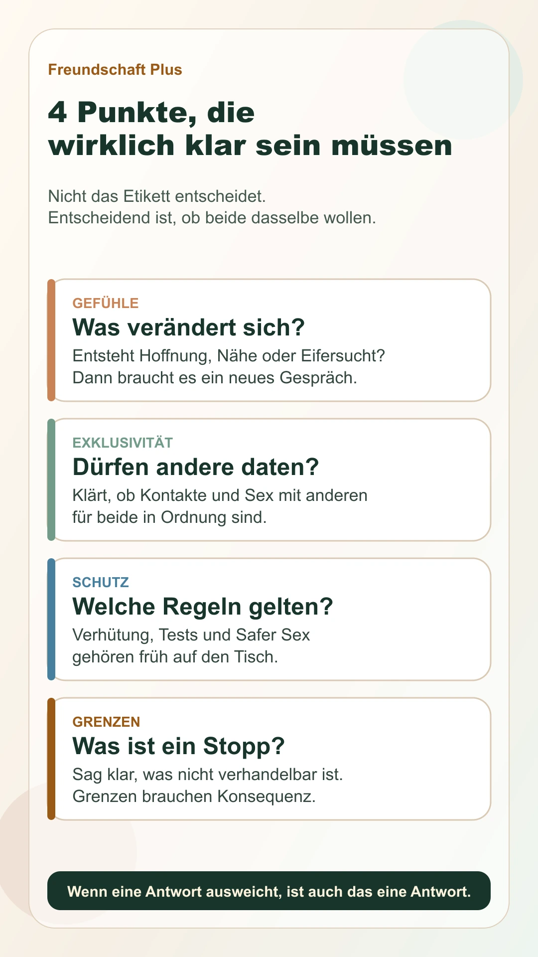 Freundschaft Plus klären: Gefühle, Exklusivität, Schutz und Grenzen