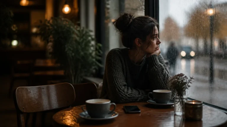 Freundschaft enttäuscht: Sprüche für Trost, Klarheit und Abstand Frau sitzt nachdenklich in einem Café mit leerem Stuhl als Symbol für enttäuschte Freundschaft
