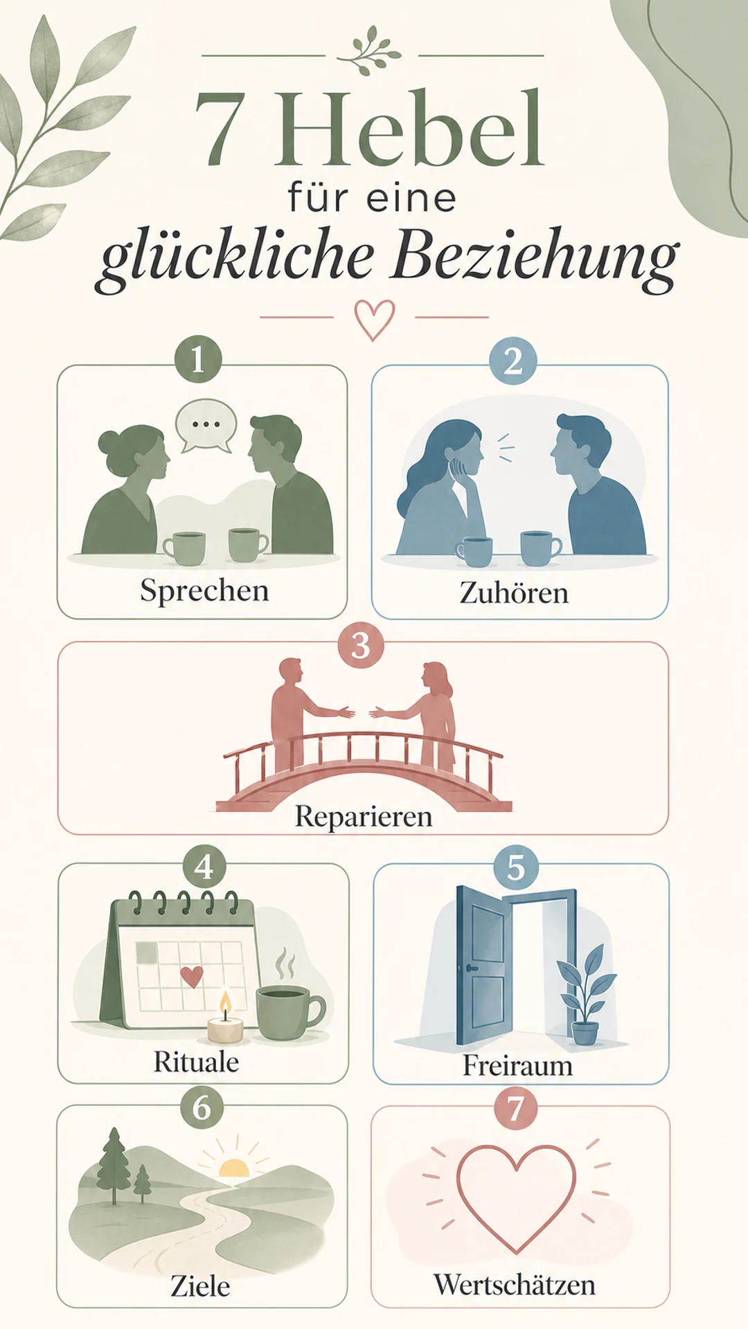7 Tipps für eine glückliche Beziehung, die im Alltag wirklich helfen Infografik: Sieben Hebel für eine glückliche Beziehung mit Sprechen, Zuhören, Reparieren, Ritualen, Freiraum, Zielen und Wertschätzung.