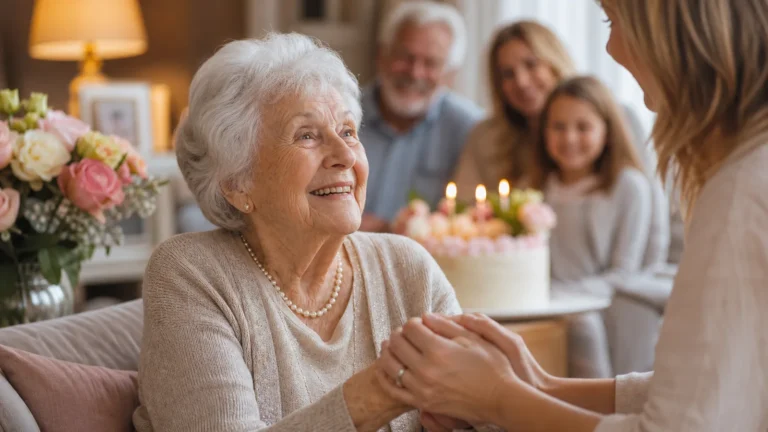 Glückwünsche zum 80. Geburtstag: herzlich und würdevoll Ältere Frau feiert würdevoll mit Familie als Symbol für Glückwünsche zum 80. Geburtstag