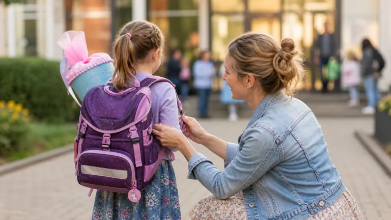 Kind mit Schulranzen und Schultüte vor dem ersten Schultag als Symbol für Einschulungsglückwünsche
