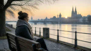Frau sitzt bei Sonnenaufgang an einem Fluss und denkt nach als Symbol für klare Gedanken