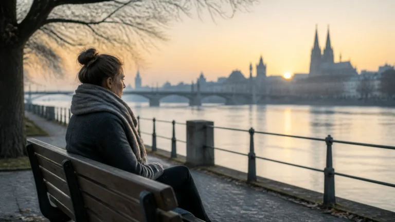 Frau sitzt bei Sonnenaufgang an einem Fluss und denkt nach als Symbol für klare Gedanken